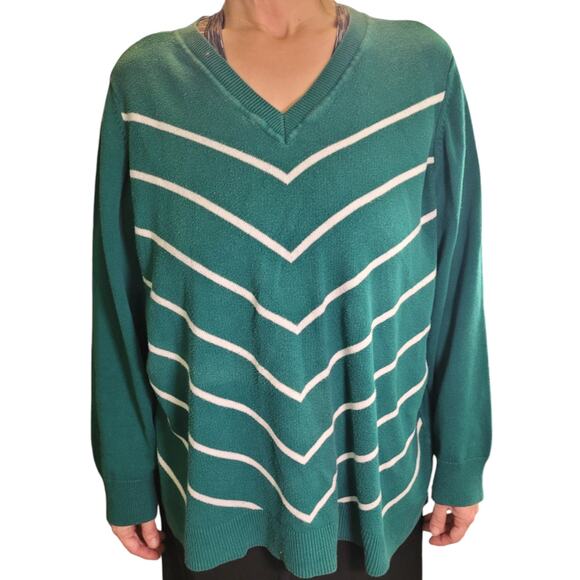LIZ CLAIBORNE Womens Green Chevron Sweater Sz 2X V-Neck Minimalist Graphic - Picture 3 of 8